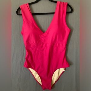SUMMERSALT Womens One Piece Swimsuit Sz 12 Hot Pink V Neck Front Square Back